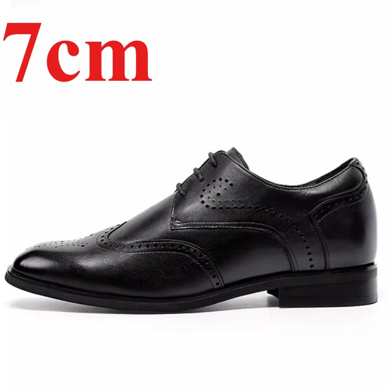 Genuine Leather Men's Dress Shoes 7cm Elevator Shoe Breathable Brock Engraved Height Increasing Shoes Groom Wedding Derby Shoes