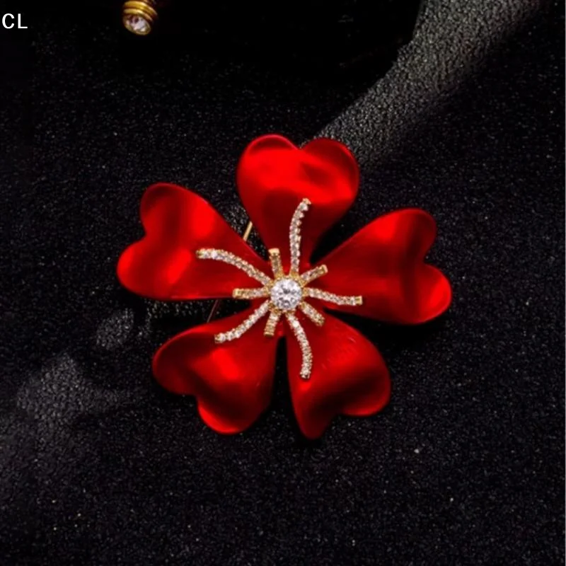 AttireTroveRed Heart Petal Flower Brooch Sparkling Rhinestone Center Gold Accents Perfect For Wedding Parties Office Wear