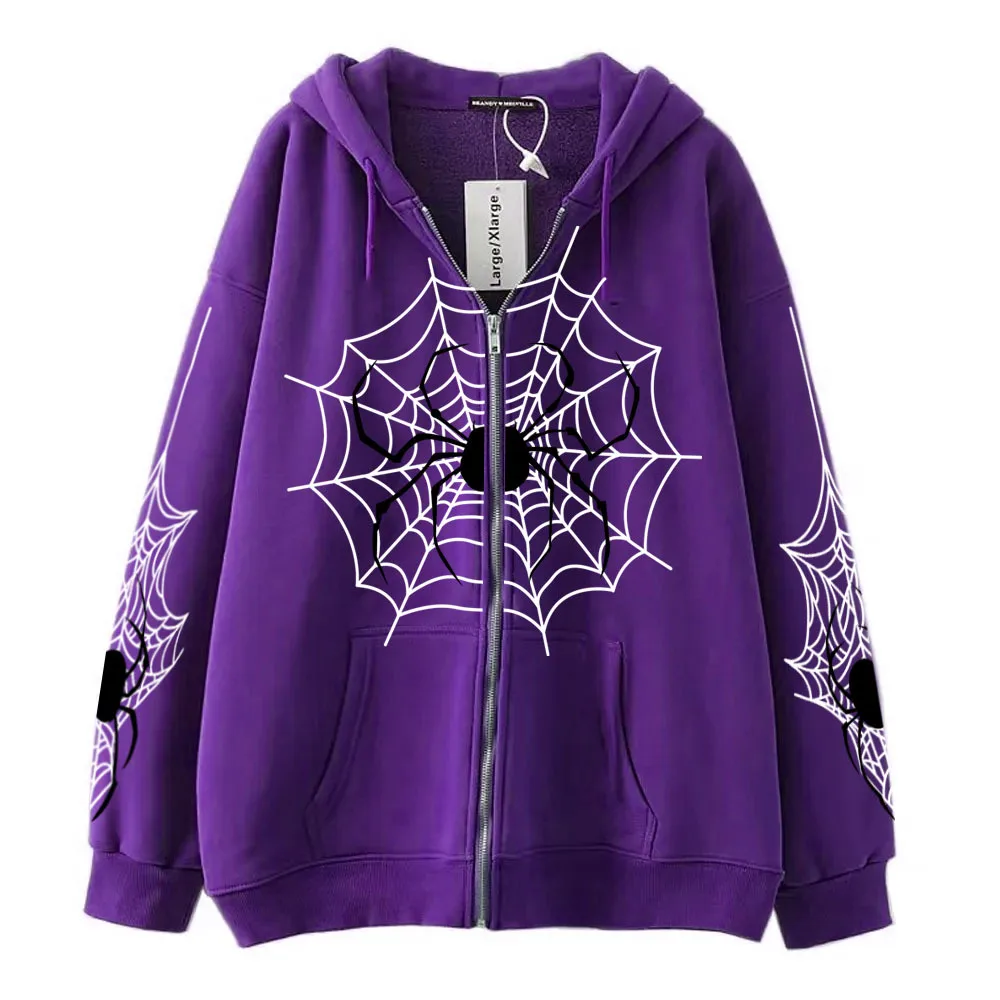 Spider Cobweb Zipper Hoodies Retro Gothic Hip Hop Streetwear Hoodie Women Men Fashion Oversized Sweatshirt Couples Jacket Coat