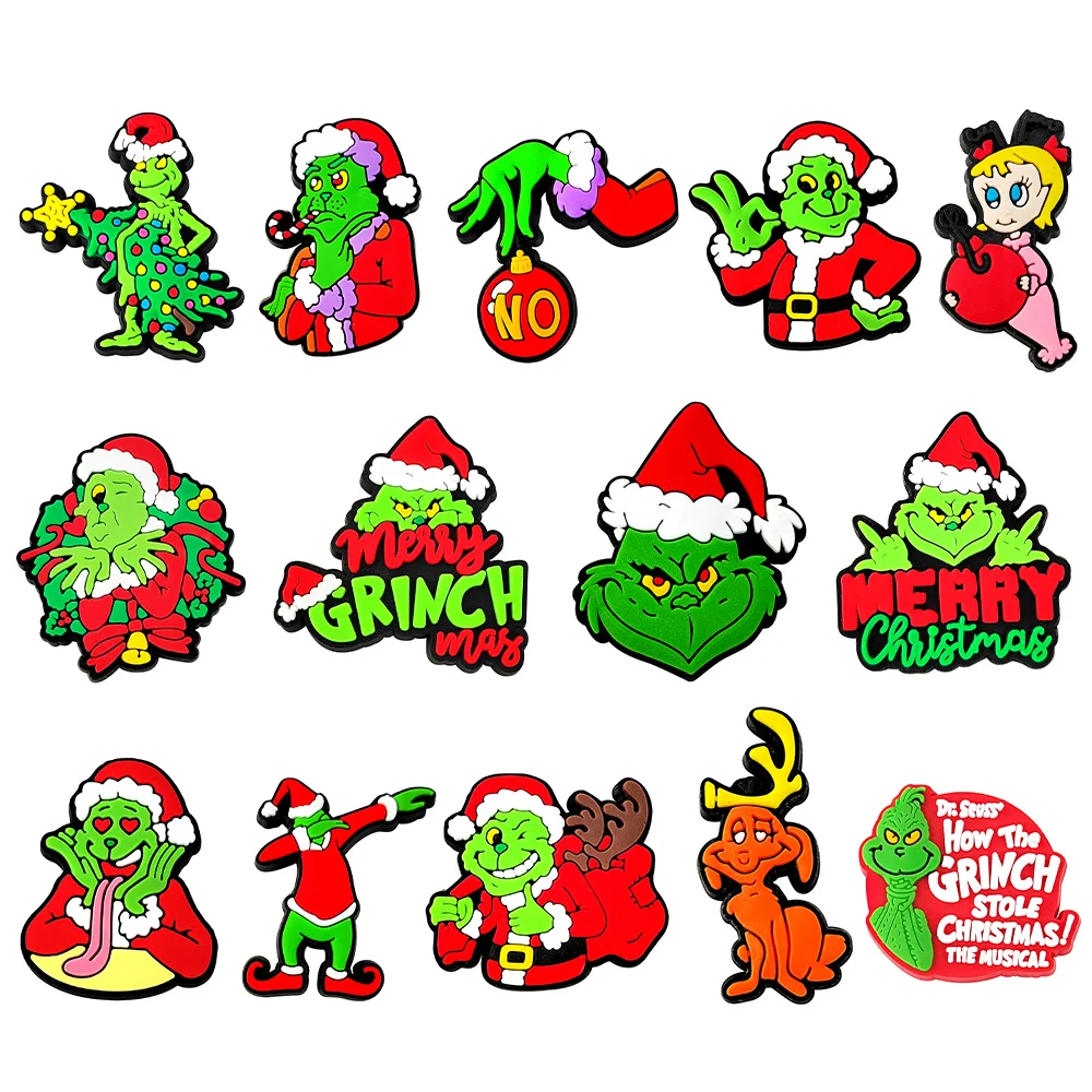 

14pcs Grinch Cartoon Shoe Charm for Shoe Drnaments Sandals Accessories PVC Decorations Wrist Strap Christmas Parties Kids Gift