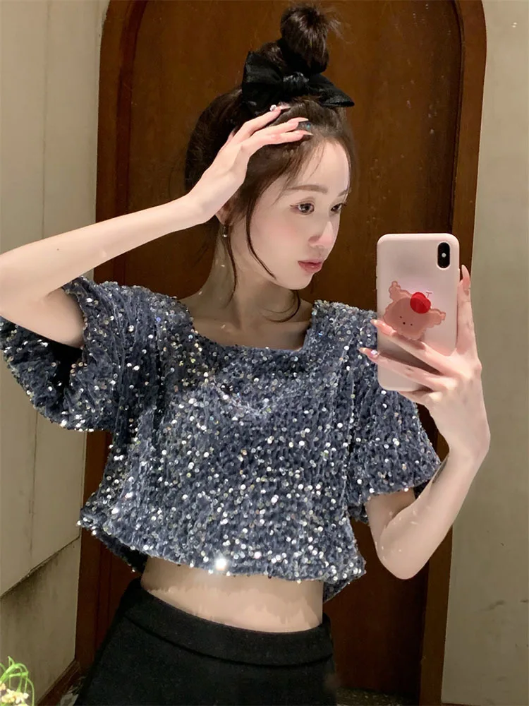 Heavy Industry Sequin T-shirt Women's Design Sense Niche Loose All-match Short Round Neck Temperament Fried Street Shirt Trend