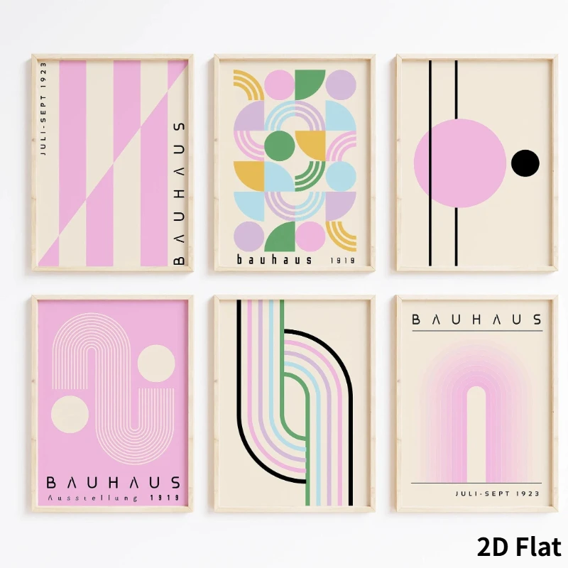 6 Stück/Set rosa und Unisex Bauhaus-Leinwandposter aus der Mitte des Jahrhunderts, minimalistisches geometrisches Wandkunstposter für moderne Schlafzimmer- und Heimdekoration