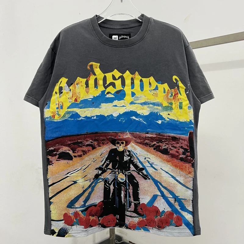 

Футболка Godspeed Summer Vintage с принтом «Мотоциклетный череп и роза», из чистого хлопка, с круглым вырезом