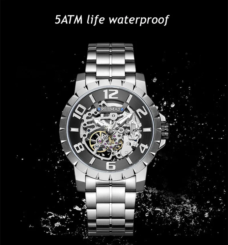 RUIMAS Automatic Watch for Men Luxury Mechanical Watch Stainless Steel Luminous Waterproof Wrist Watch Clock Reloj Hombre 6784