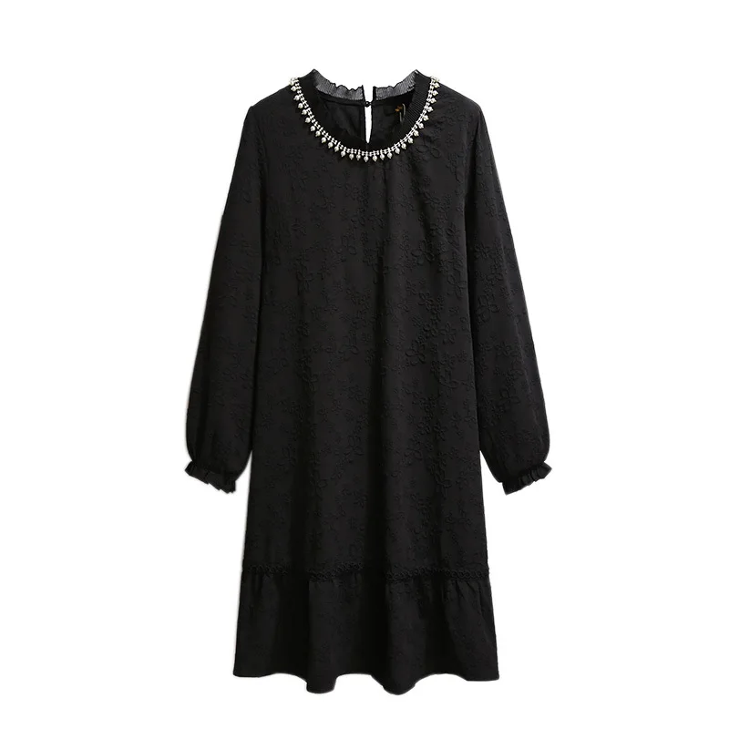 Large Size Women's Autumn Loose Beaded Hook Flower Hollow Dress Bust 153cm 5XL 6XL 7XL 8XL 9XL Fashion Long-Sleeved Dress 150KG