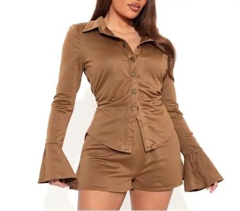 

Two Piece Set Women Outfit 2026 Spring Autumn Turn-Down Collar Flare Sleeve Shirt Top & High Waist Casual Daily Shorts Set