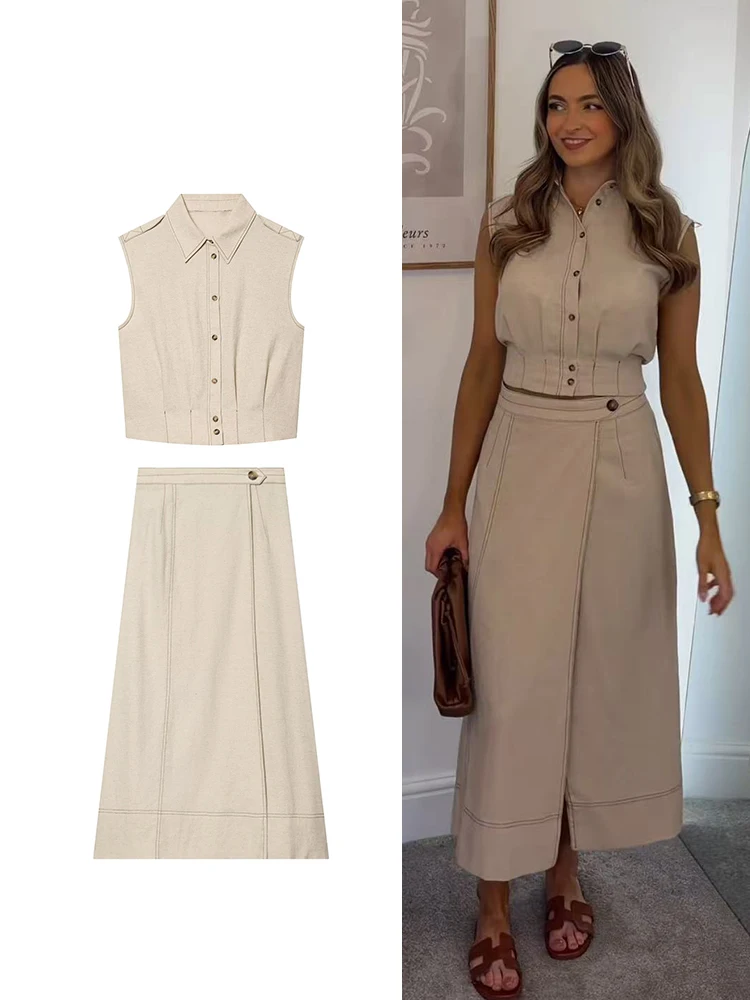 TFMLN Women's Skirt Linen Blend Two Piece Set Sleeveless Button Up Shirt Midi Skirt 2026 Summer Ladies Daily Fashion Set