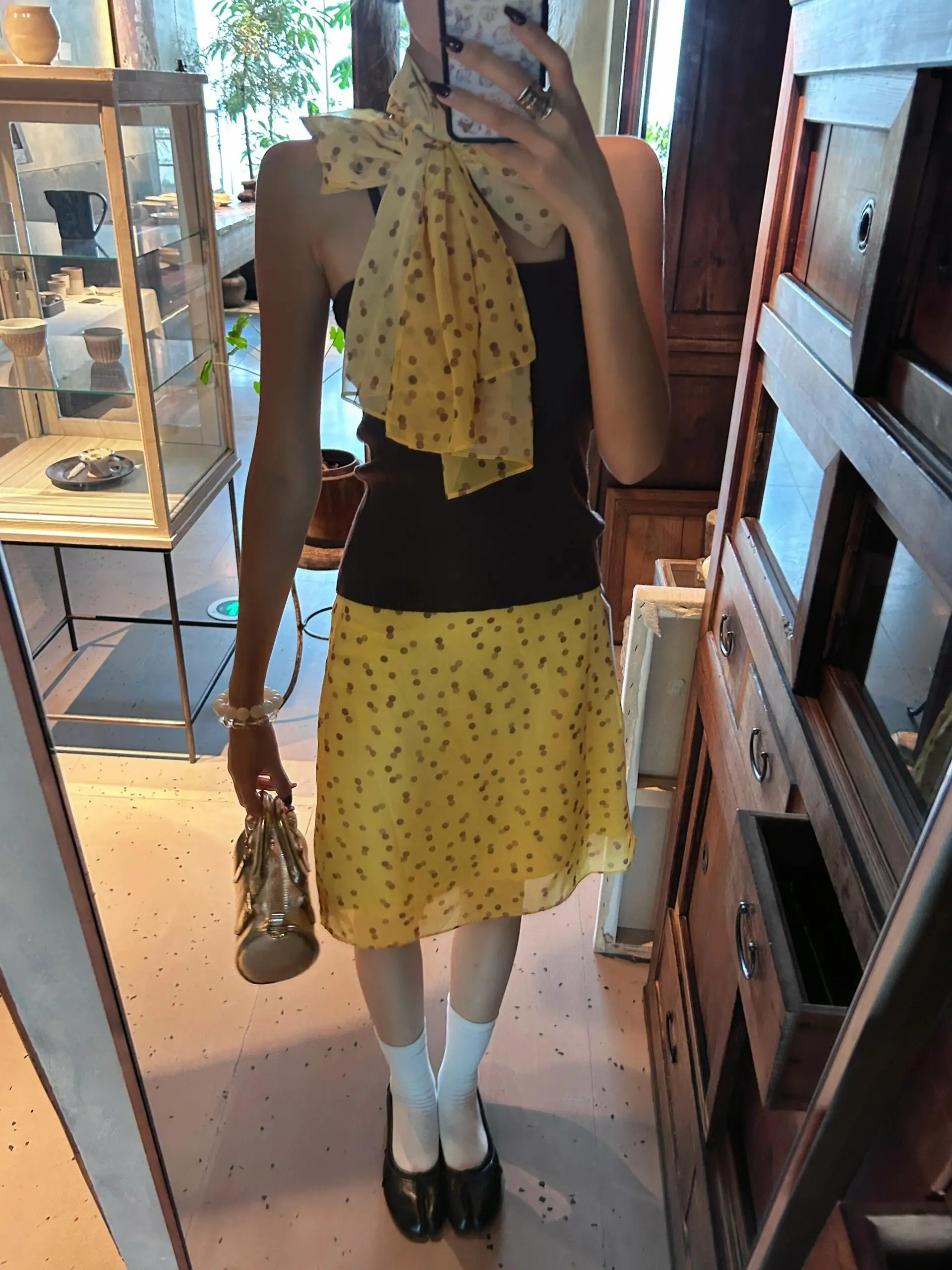 American Style Yellow Chiffon Polka Dot Half Skirt Women's Summer New High Waist A-Line Skirt Hip Covering Versatile Midi Skirt