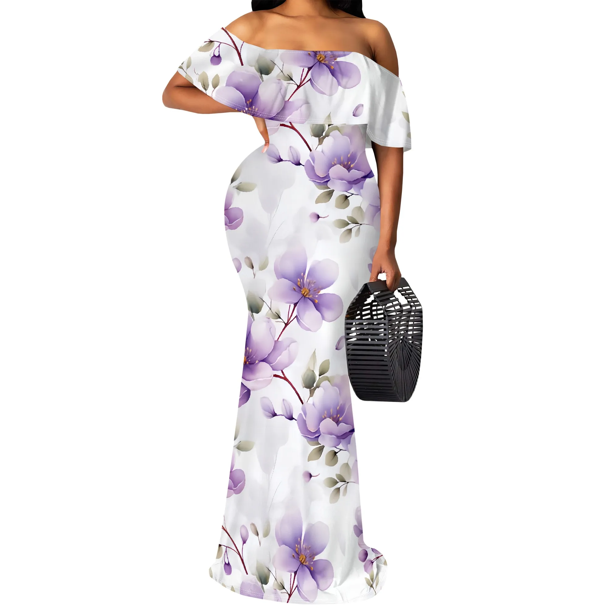 Elegant Purple Floral Maxi Dress S-3XL Off Shoulder White Long Dress for Wedding or Church