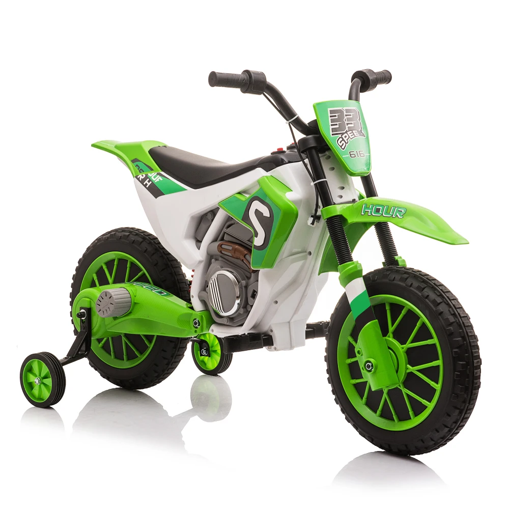 Motocicletta giocattolo per bambini 12V, bici giocattolo con motore elettrico con ruote da allenamento per bambini 3-6, verde