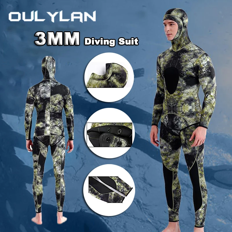 

Oulylan 3mm Long Sleeve Camouflage Wetsuit Men Neoprene Cold Proof Swimsuit Keep Warm Top Pants Two-piece Hooded Diving Suit