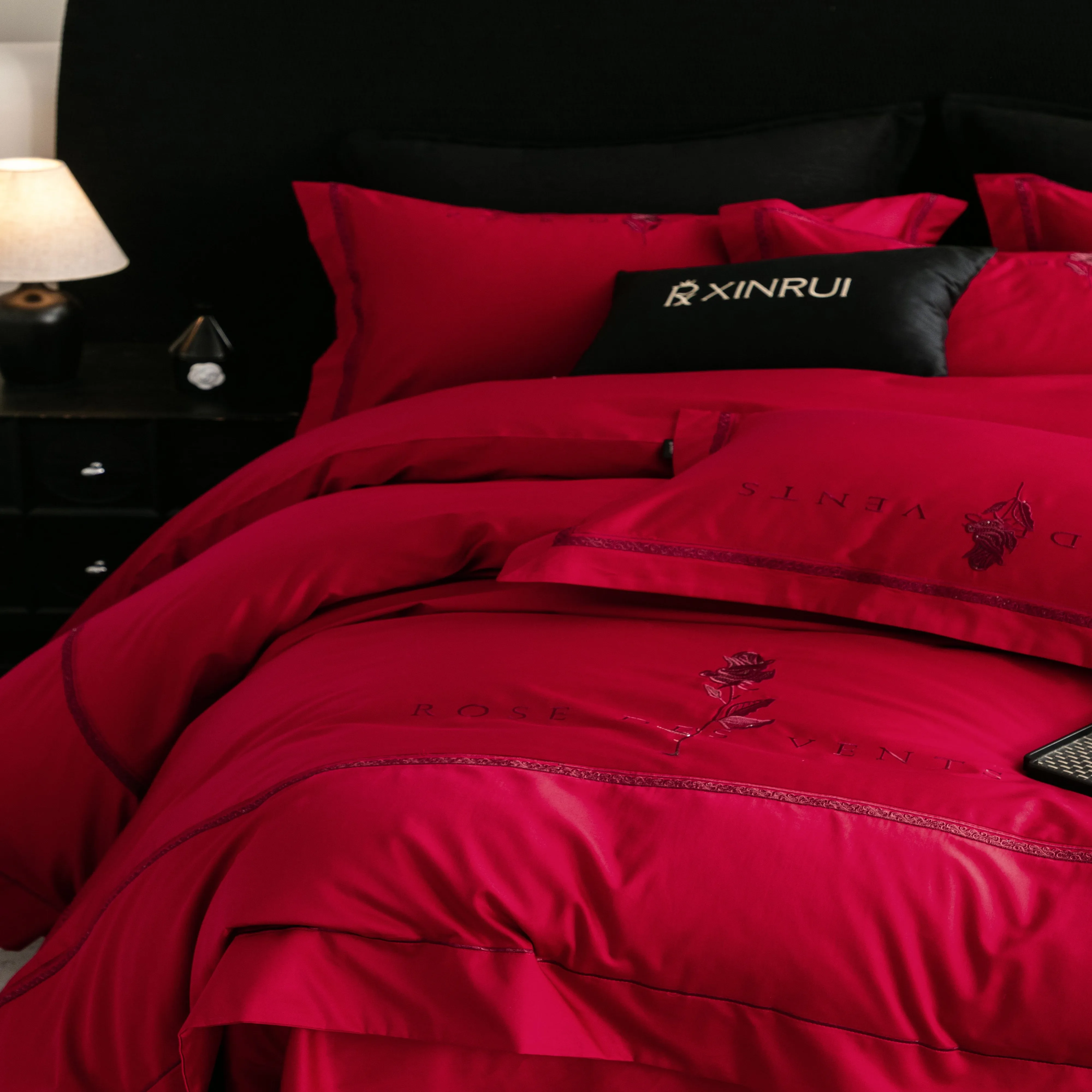 100% Cotton Bed Linen Rose Duvet Cover Double Bed Red Embroidery Rose Bedding Set 4Pcs
