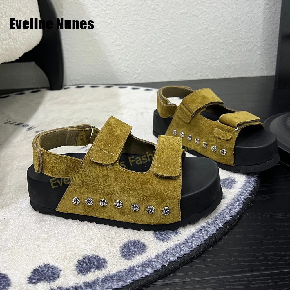 Women Green Faux Suede Sandals Open Toe Thick Sole Hook and Loop Mixed Color Y2K Summer Street Casual Slide Shoes 2026 New Trend