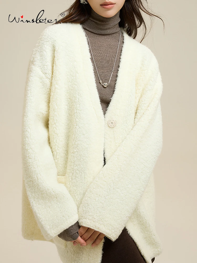 Winsleter-100%ウール エレガント セーターコート、Vネック ポケットボタン、レディースファッション 多用途 厚手カーディガン、2025年秋 C5N448CC