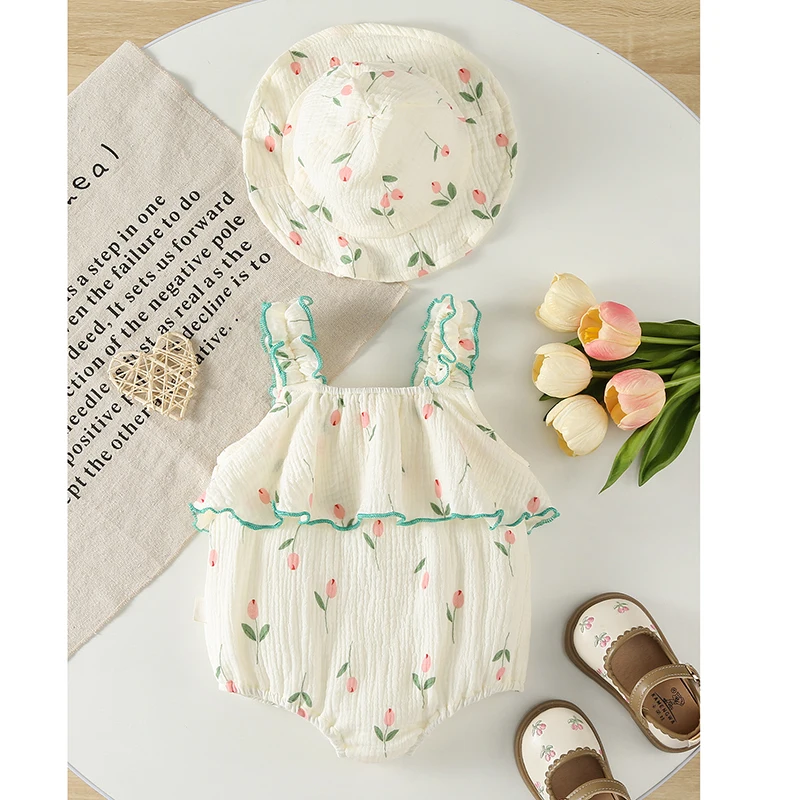 Summer Newborn Comfortable Romper with Matching Hat Pure Cotton Tulip Pattern Print Bodysuit for 0 - 2 Years Old Baby Girls