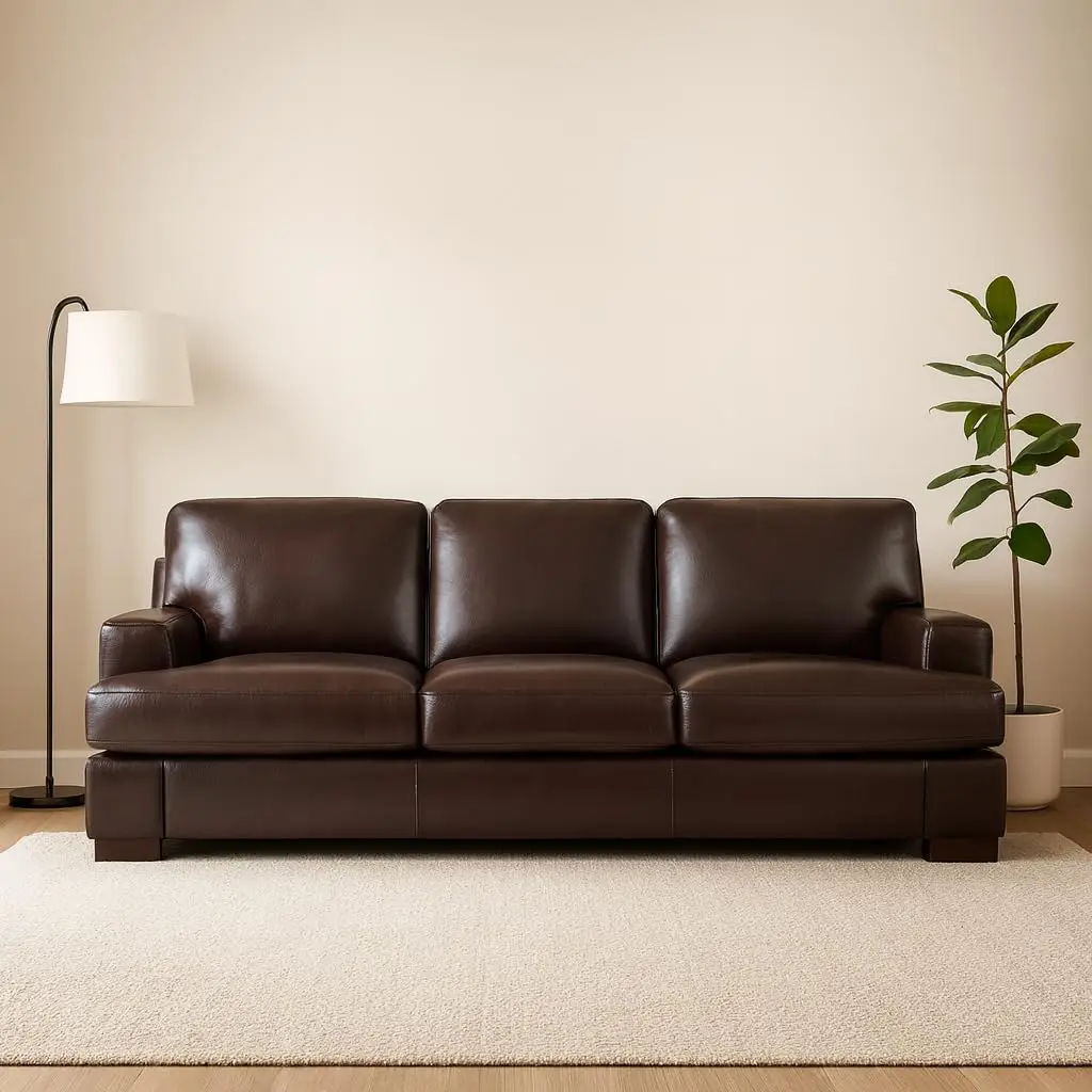 

Genuine Leather Sofa – Goose Feather Cushion Filling, Square Arm Design, Sturdy Block Legs – Spacious 3-Seater Couch – Ideal for