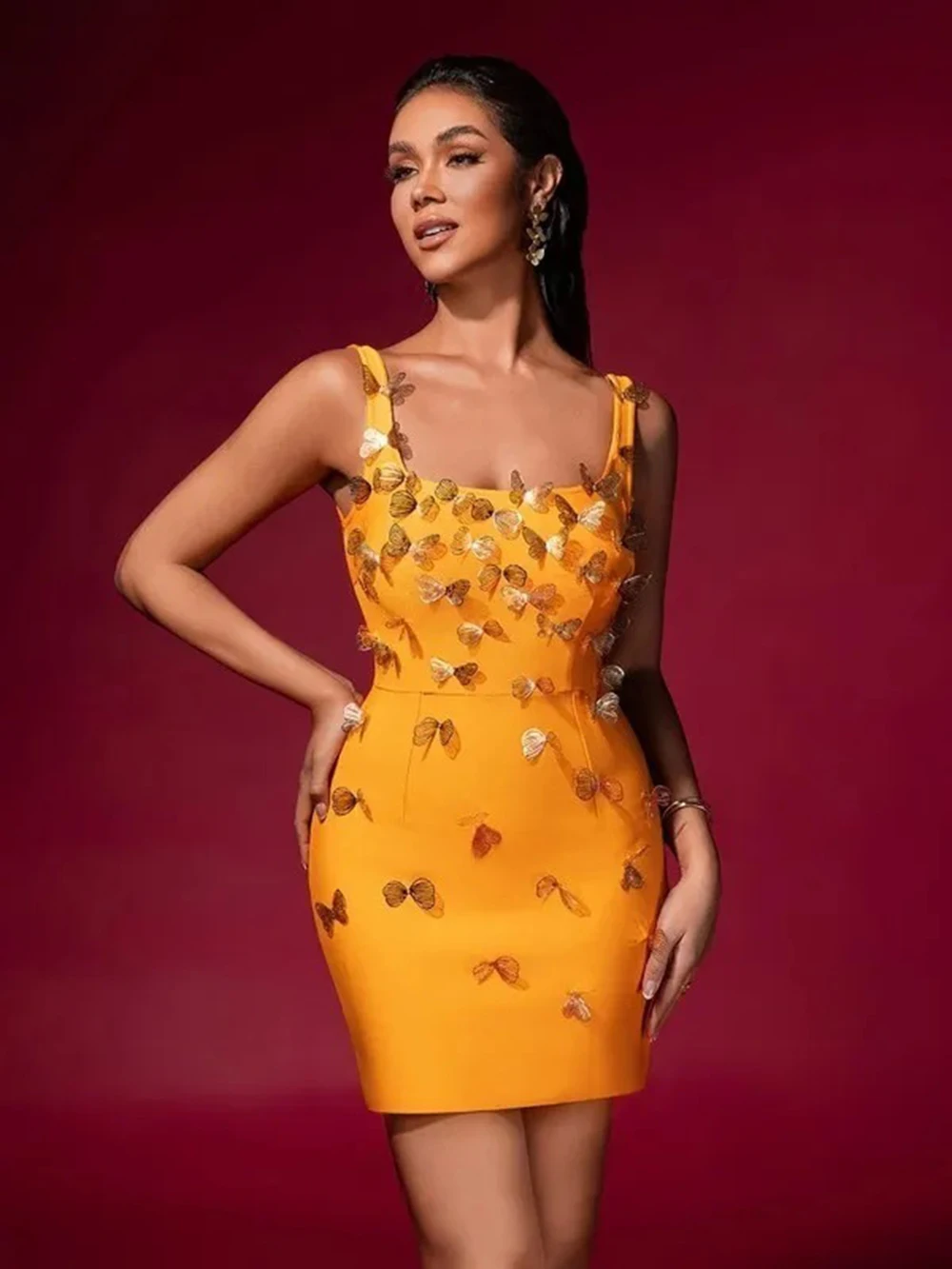 

Modphy Luxury Three-Dimensional Metal Butterfly Spaghetti Strap Women Mini Bandage Dress Orange Bodycon Sexy Bodycon Party Club