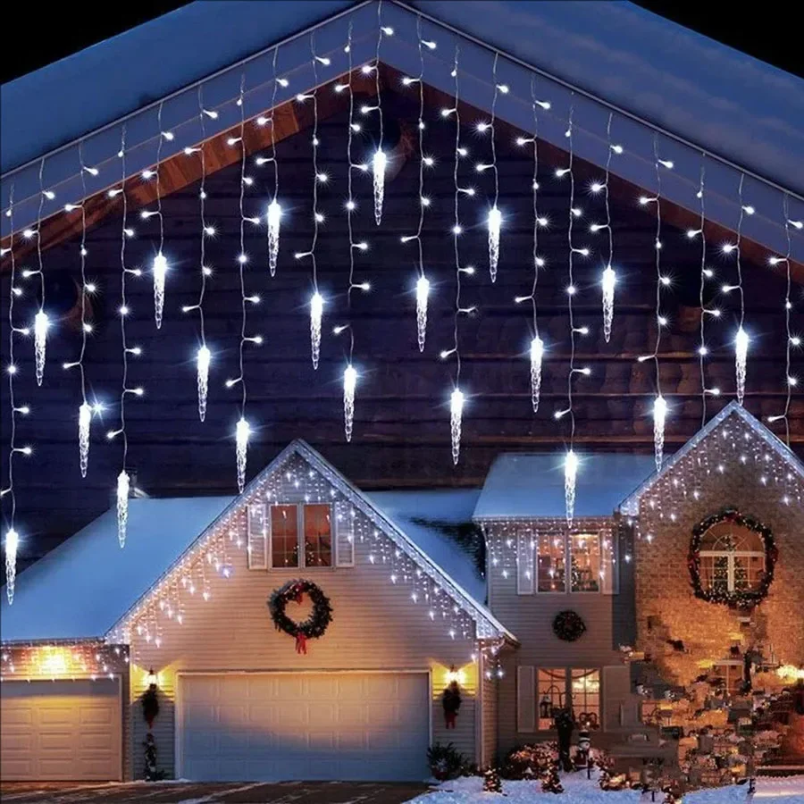 5-40M LED Icicle Lights Outdoor LED Christmas Curtain Icicle Lights 8 Modes Hanging Curtain Fairy Lights for Roof Window Decor