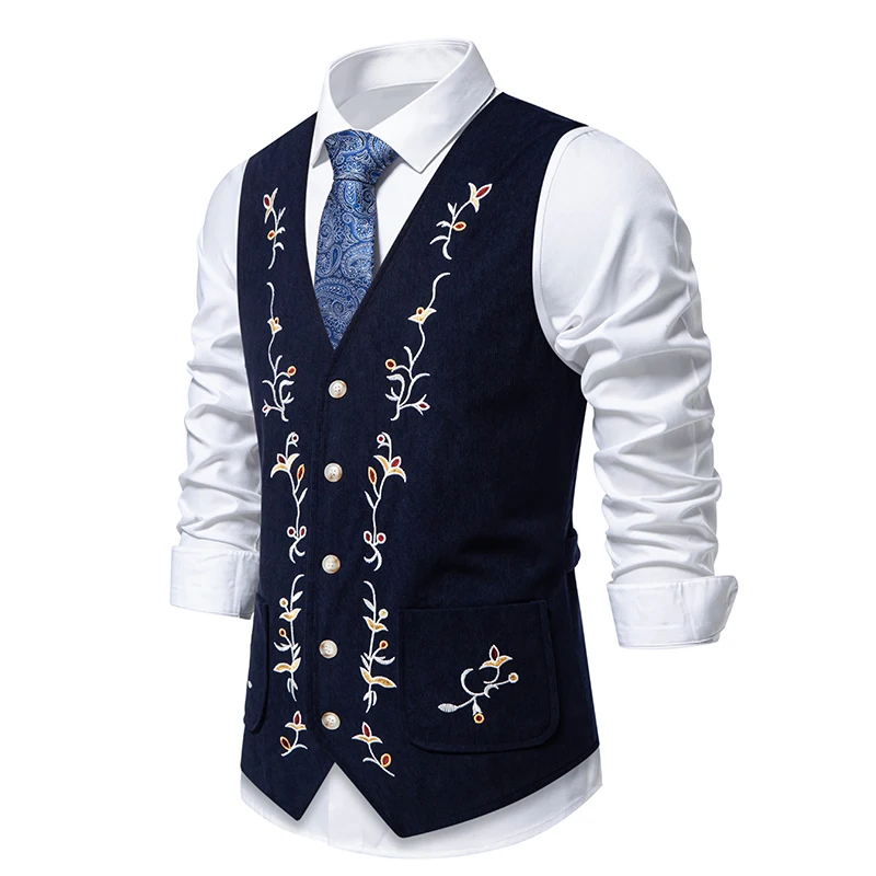 2025 Gilet di velluto a coste occidentale per uomo Gilet gotico Ricamo floreale Chaleco Vintage Hombre Steampunk Abito vittoriano Abito da uomo
