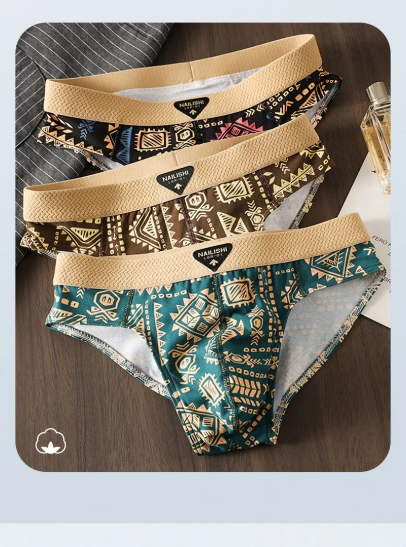 3-teiliges Set Herren-Baumwollslips im Retro-Ethno-Stil Bedruckte Unterwäsche Weiche Atmungsaktive Mittelhoch Sitzende Slips Komfortable Dehnbare Alltagsunterhosen – Detail 1
