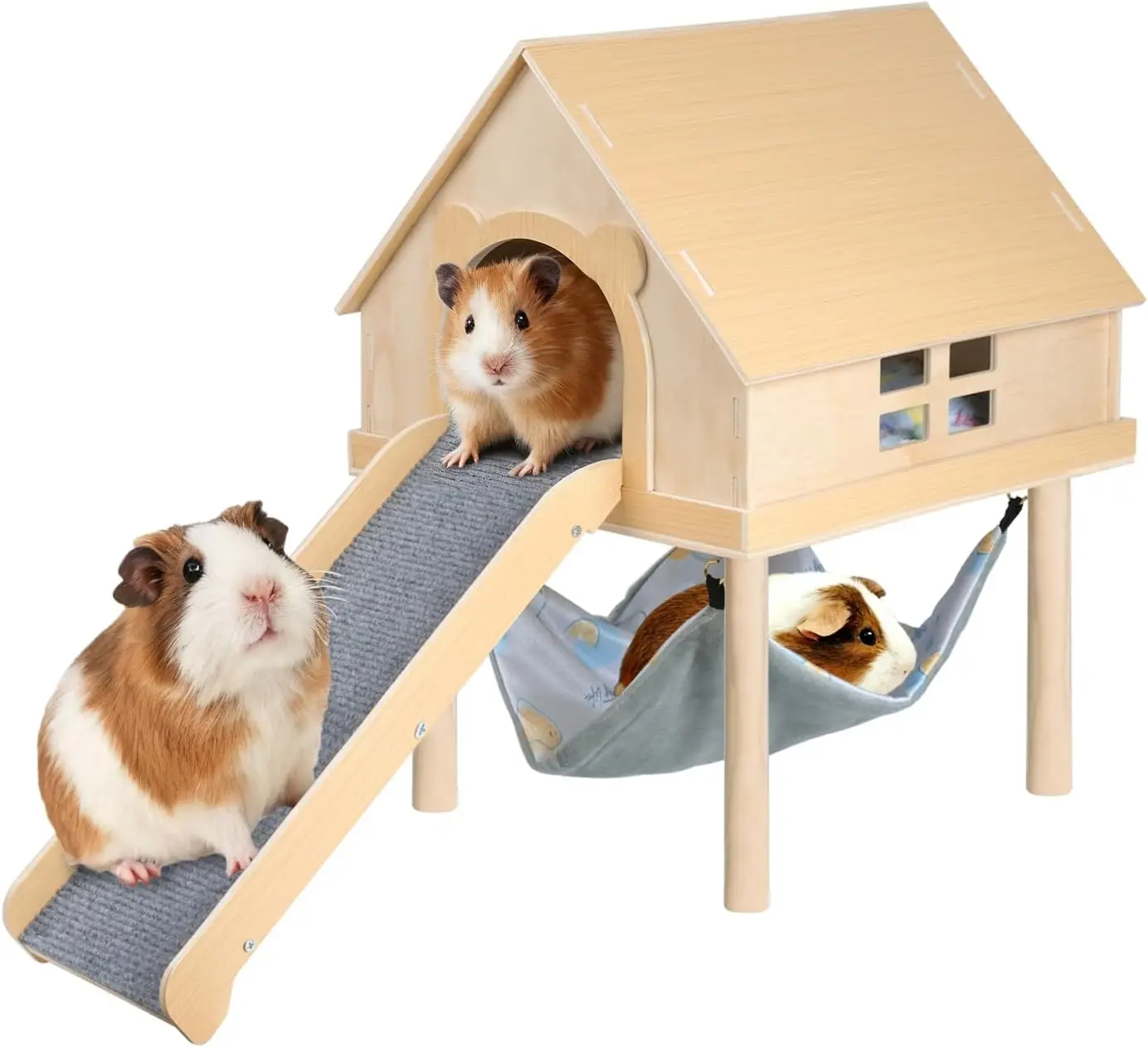 

Guinea Pig Hideout- Wooden Guinea Pig Toys with Stairs and Mat & Hammock, Detachable Double-Decker House for Small Anima