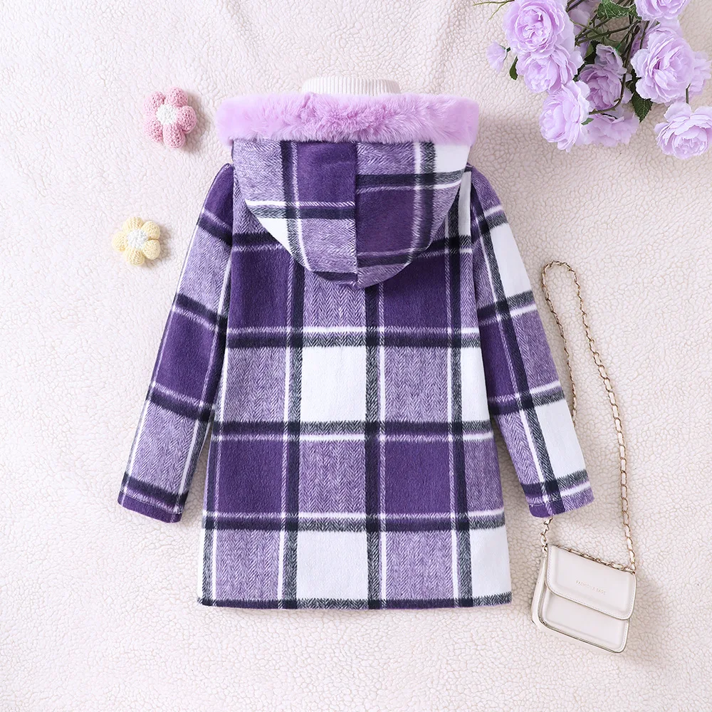 2024 New Arrivals Spring Autumn Children Long Sleeve Hooded Plaid Purple Casual Cute Child Clothes Overcoat 7-14T