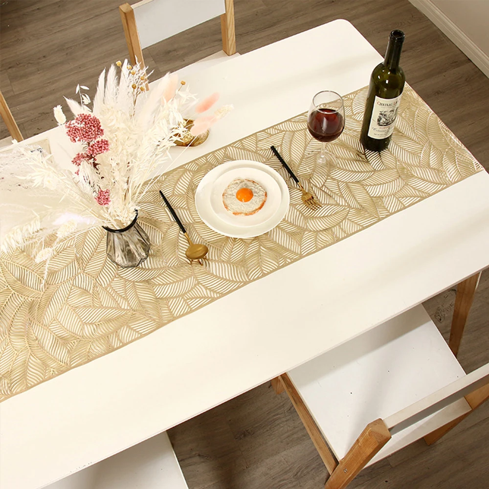 Hollow Leaves Table Runner  35x180 cm/ 14x73 Inch Waterproof Washable Gold Dining Table Runner for Wedding Banquet Party Decor