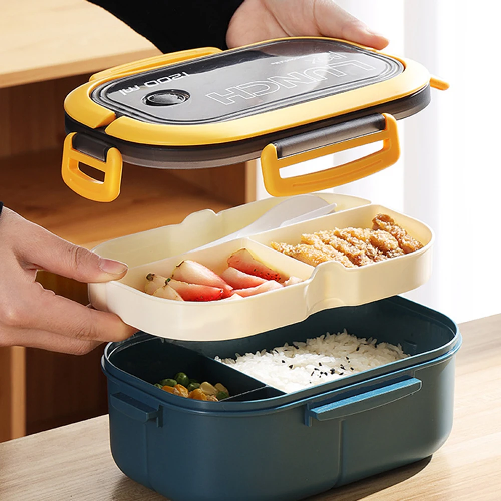 

1PC Multi-Layered Compartment Lunch Box With Fork And Spoon, Handle And Seal, Suitable For Students And Office Workers.