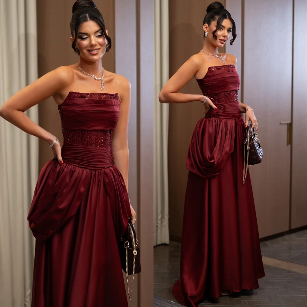 

Customized Soft Satin Strapless Evening Dress Elegant Sleeveless Cocktail Dress Temperament Sweep Train Special Occasion Gowns