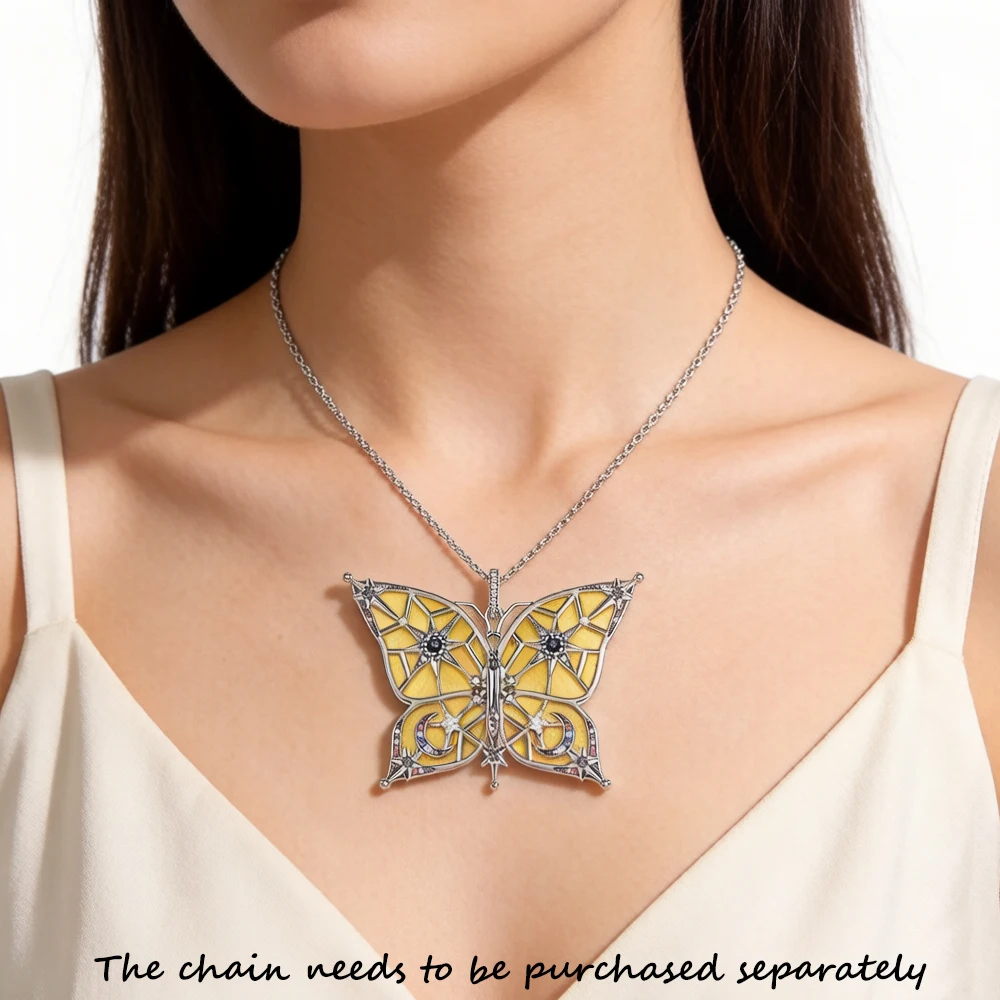 Pendant Bicolour Butterfly With Moon And Stars Brand Fine Jewelry Europe 925 Sterling Silver Magic Gift For Woman