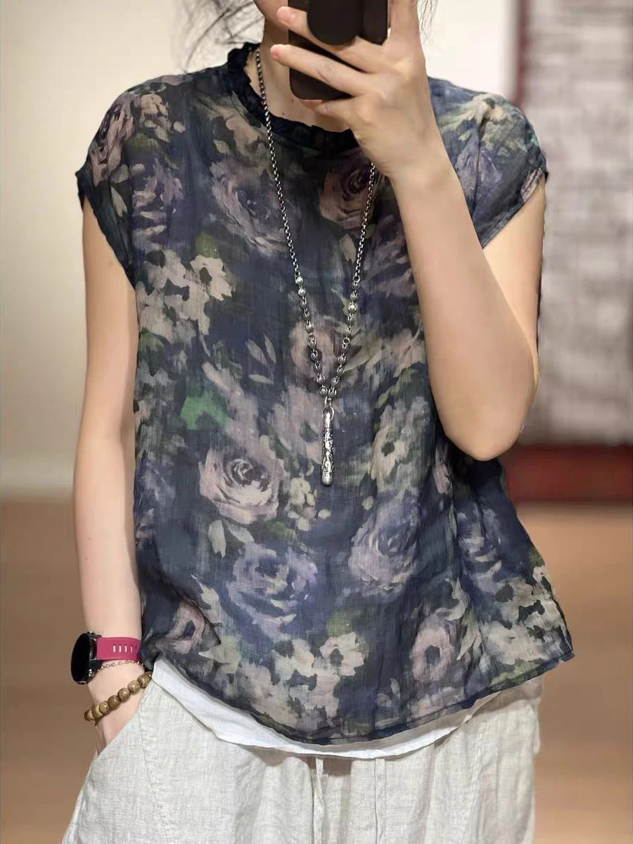 レトロな花柄プリントリネンスウェットシャツ女性夏ルーズスリムカジュアル薄い綿麻小さなトップアッパーアパレル