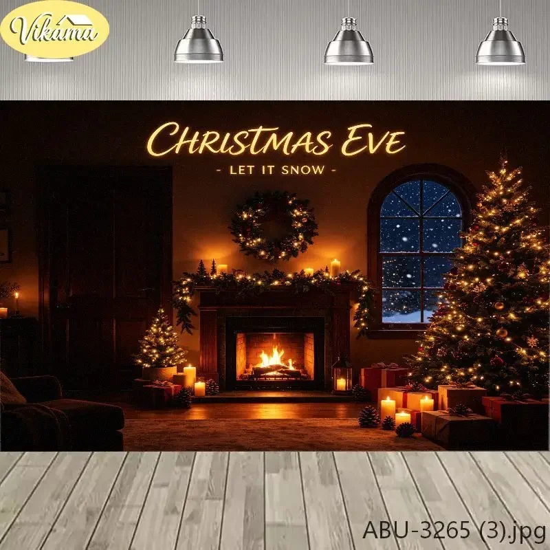 VIKAMA Photography Background Christmas Christmas Eve Fireplace Night Backdrop for Party Birthday Photo Booth Home Decor