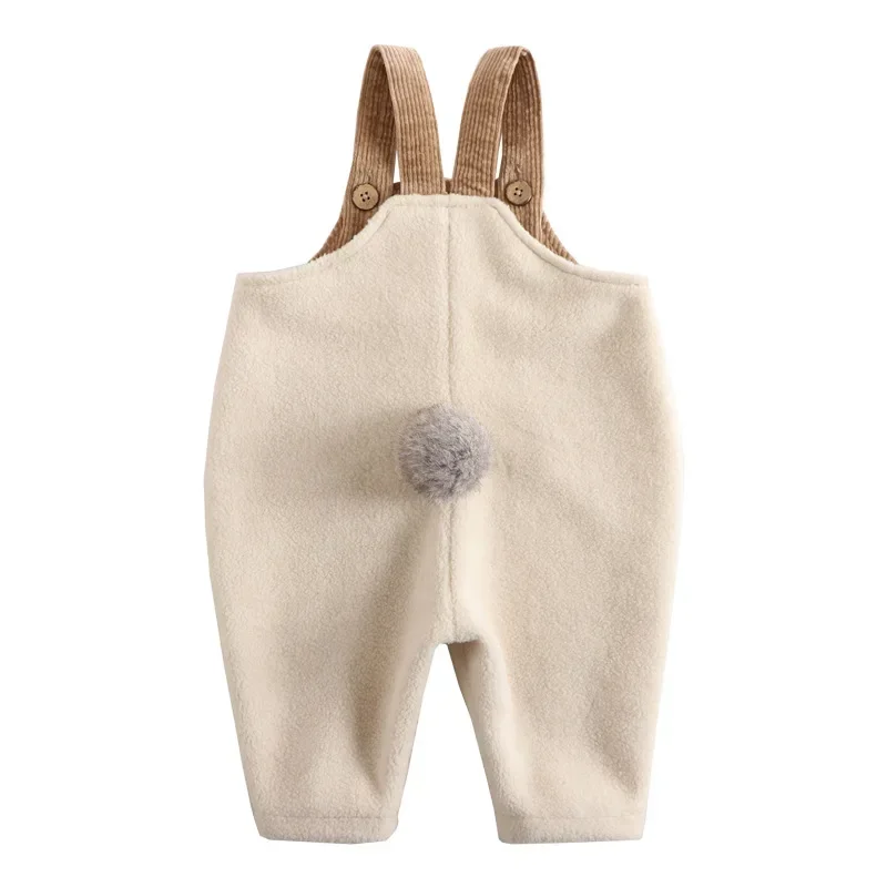 New Spring Autumn Boys and Girls Overalls Solid Soft Woolen Cloth Rabbit Tail Straps Jumpsuit Children Casual Warm Pants E23430