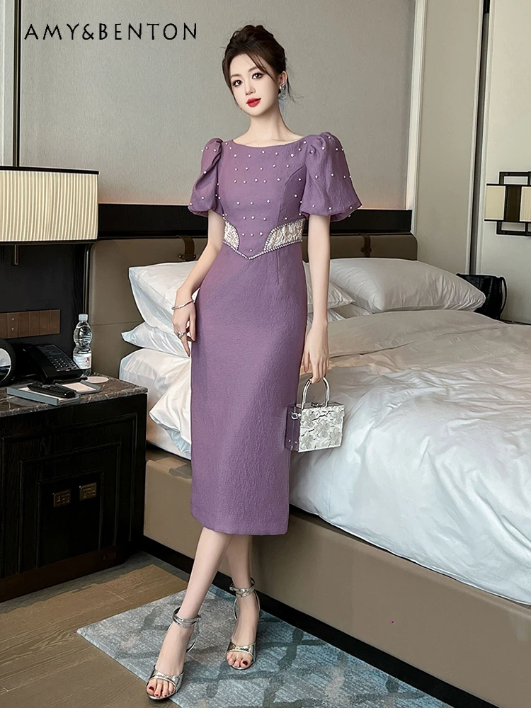 

French Temperament Socialite Beaded Puff Sleeve Mid-Length Dress for Women Summer High-End Hepburn Style Slim Sexy A-line Dress