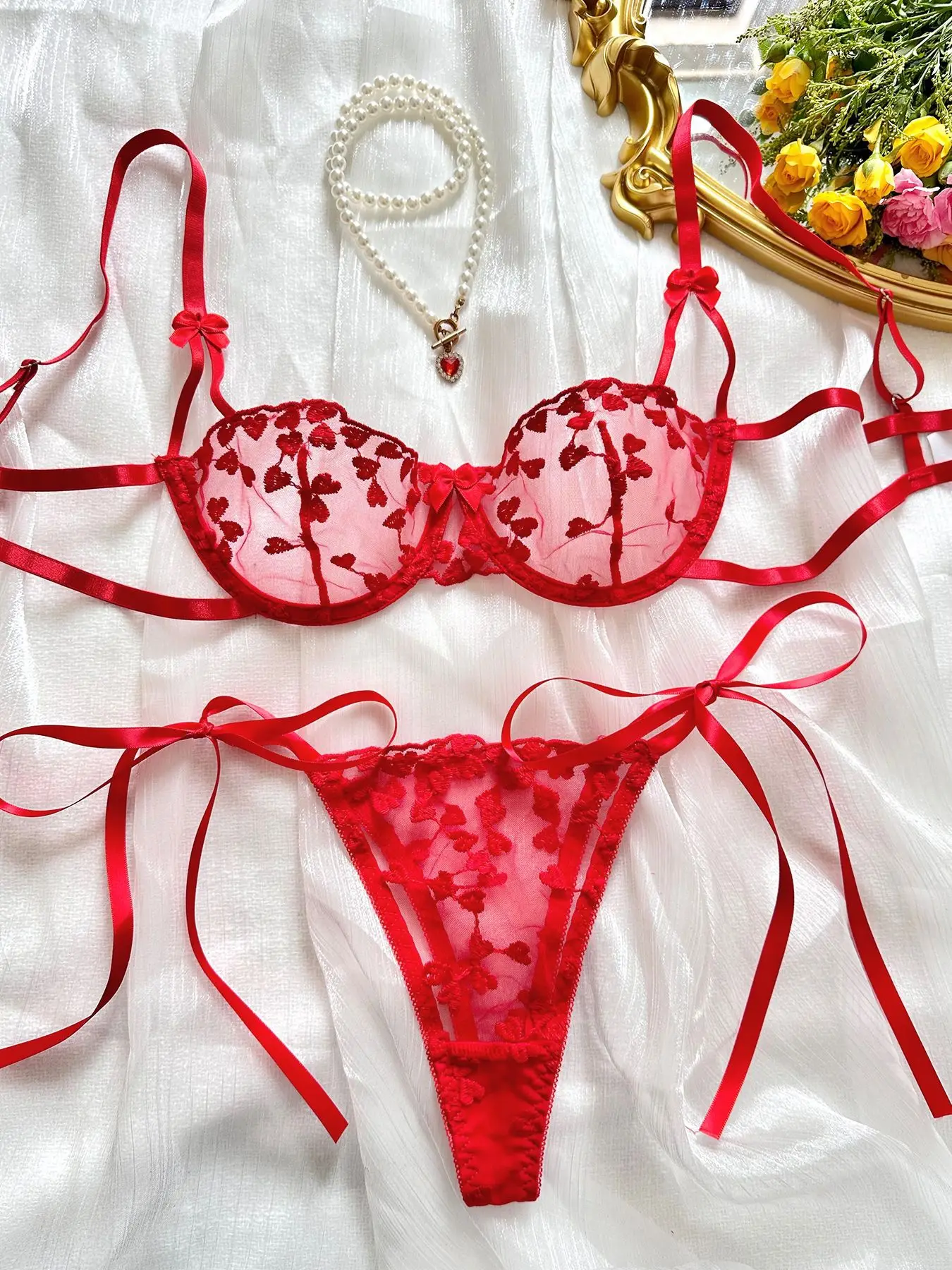 Women Romantic Heart Lingerie Set Sheer Mesh Underwire Push Up Alluring Sexy Bra and Panty Nightwear Intimates Outfit Set view 5