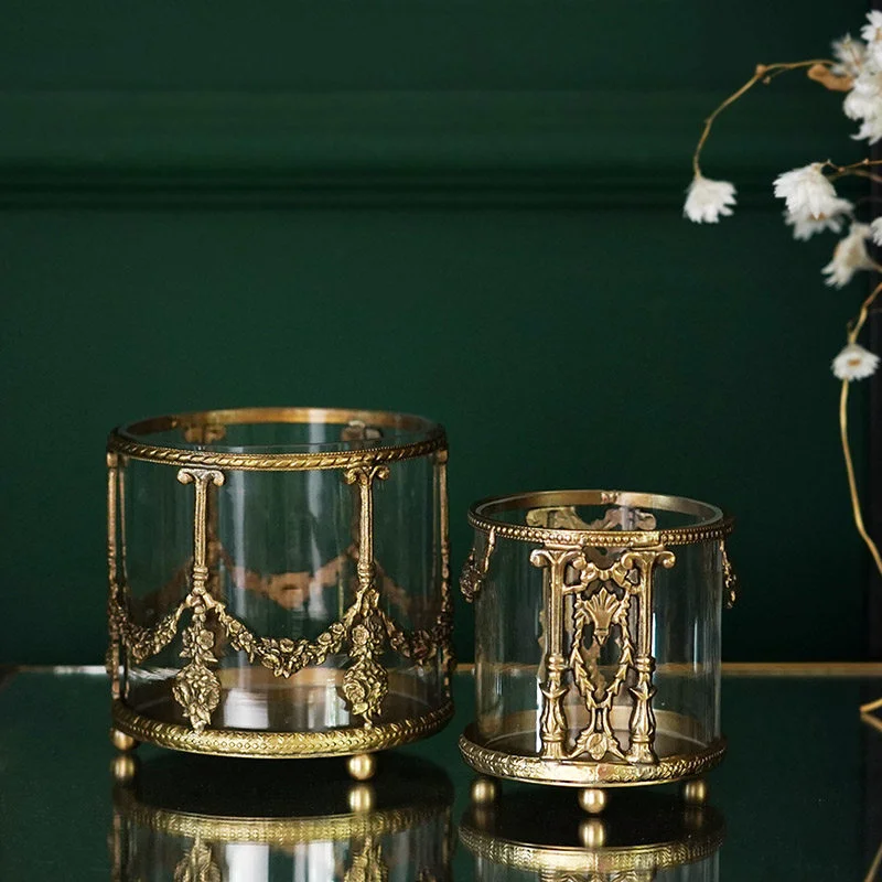 

Европейский ретро-стиль: латунный стеклянный контейнер для хранения, подставка для кистей для макияжа, настольный роскошный креативный декор, украшение для дома