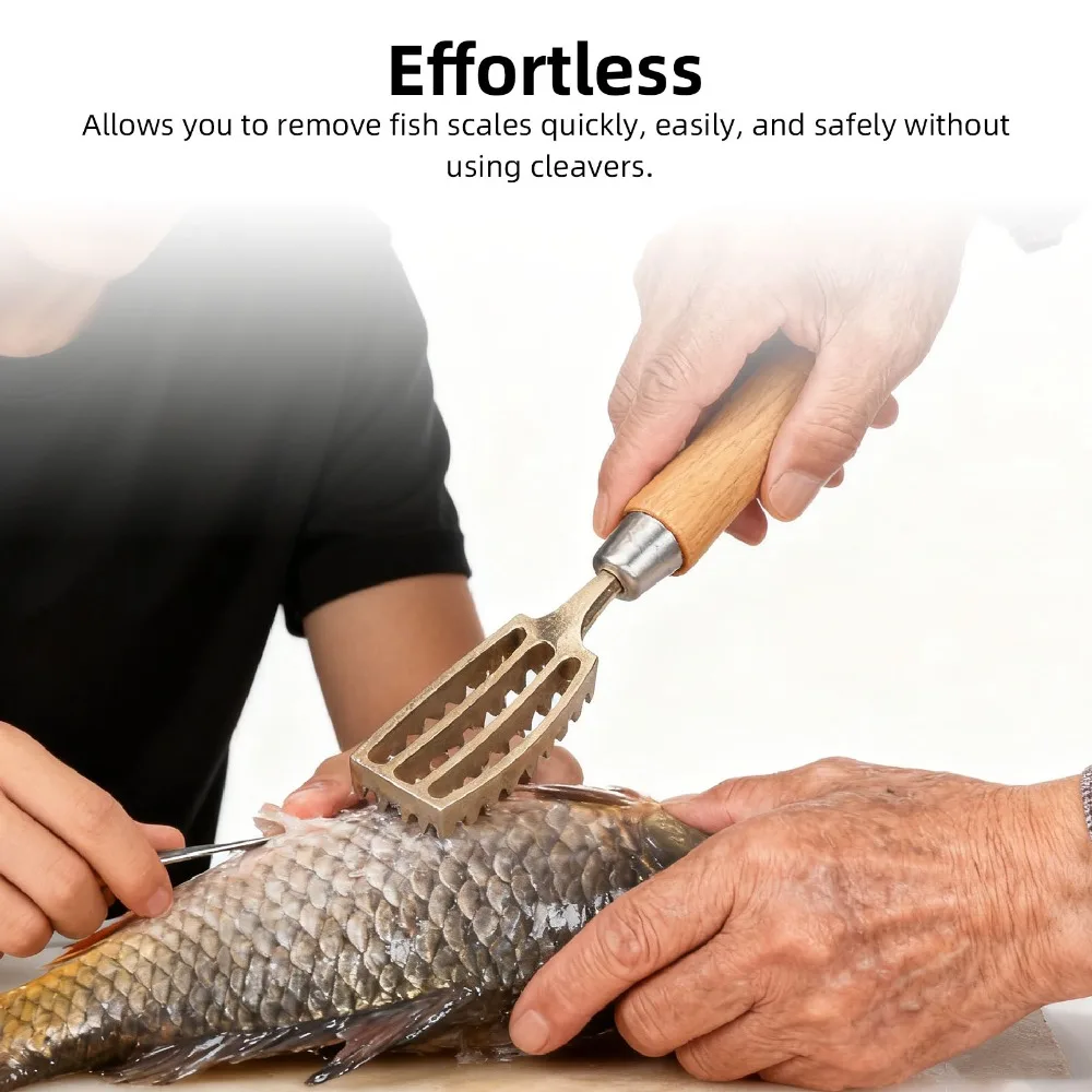 Composite Wood Copper Fish Scaler Ergonomic Handle Sawtooth Design Fish Descaler Gold Wooden Color Silver Labor Saving