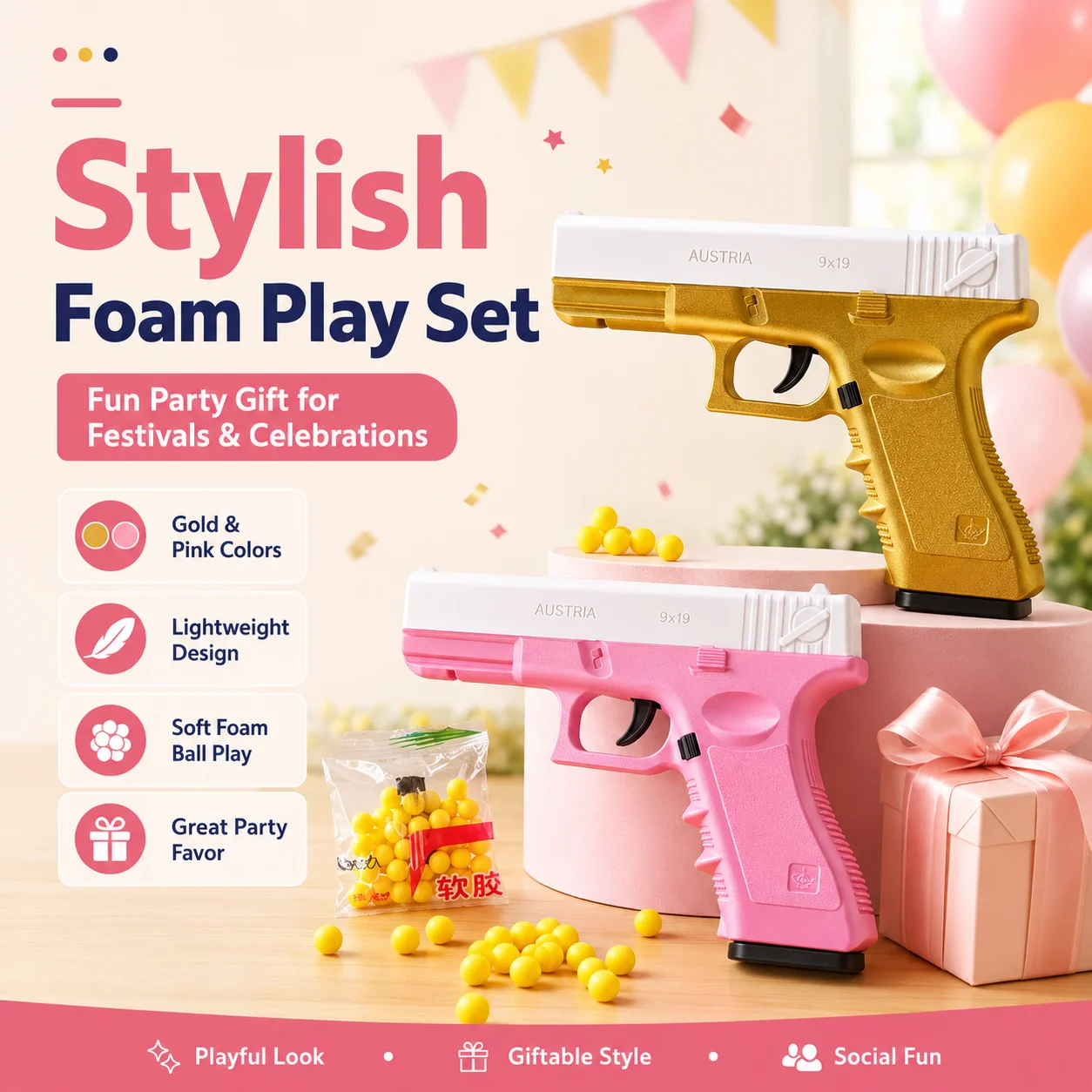 Stylish Gold Pink Foam Toy Gun Set Perfect Gift Choice for Parties Birthdays Social Events Fun