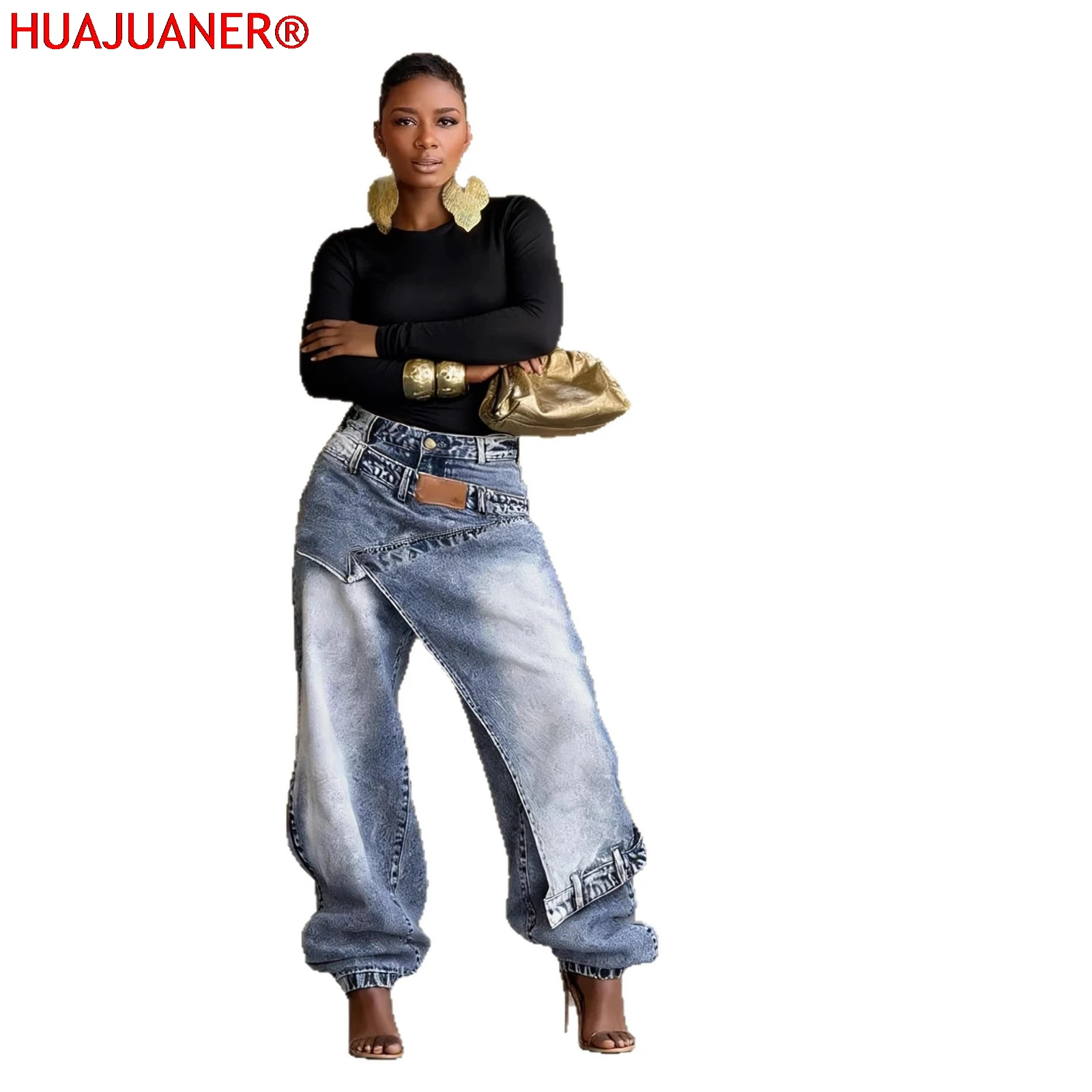 Jeans Women Vintage Wide Leg Pants Denims Washed Streetwear Patchwork 5