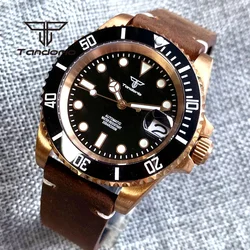 Tandorio-Reloj de pulsera automático para hombre, pulsera de cuero con bisel giratorio, cristal de zafiro, esfera negra, bronce sólido, PT5000, NH35A, 40mm, CUSN8