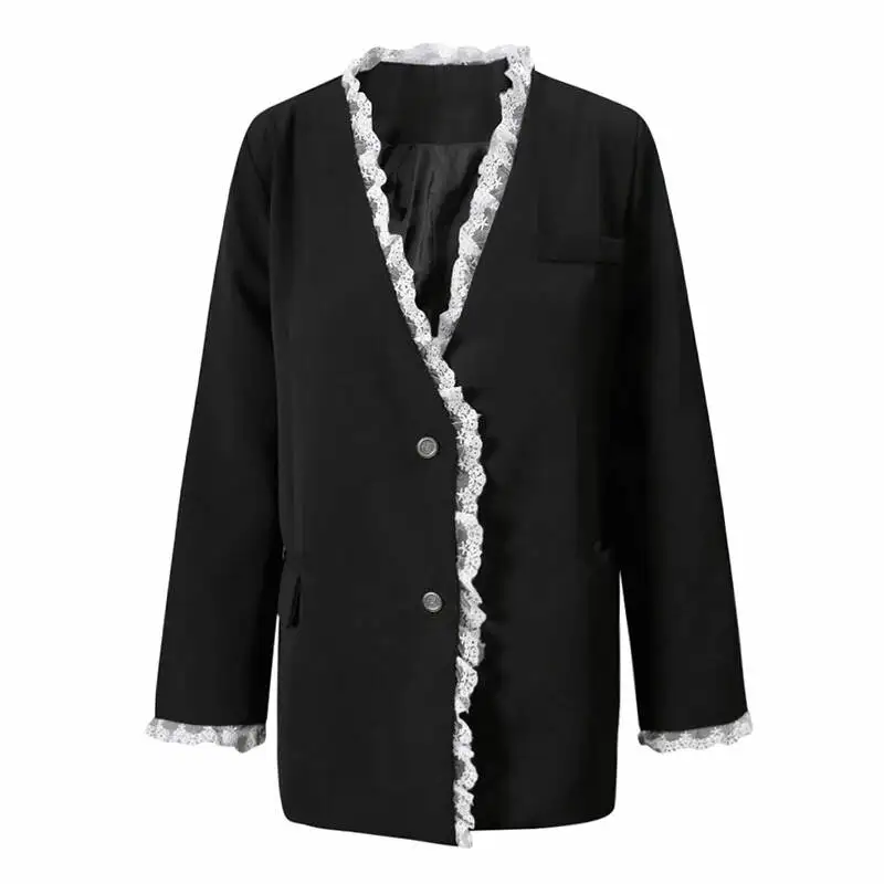 

Black Lace Women Single Breasted Big Size Elegant Blazer New V-neck Long Sleeve Jacket Fashion Spring Autumn 2026 0VZX