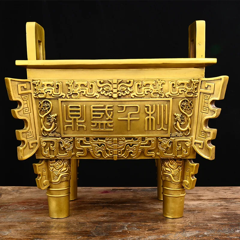 Bronze Ornament Brass Square Prosperous Eternal Foundation Tripod Home Company Office Decoration Large Incense Bur