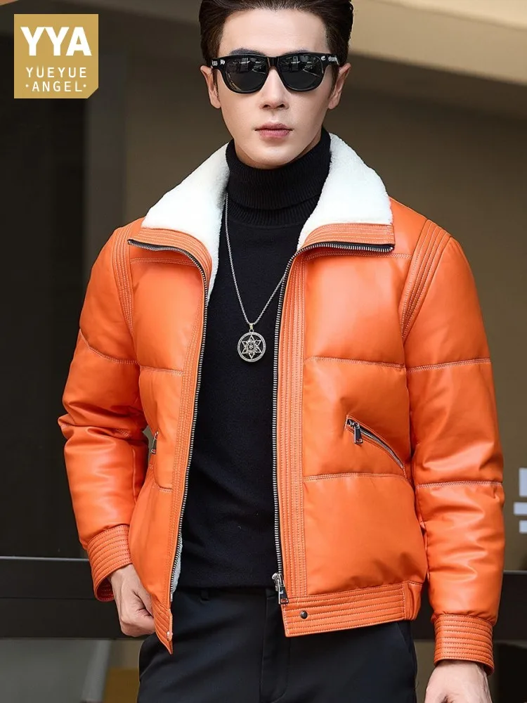 Fashion Mens Genuine Leather Down Coat Winter Zipper Thicken Warm Wool Collar Streetwear Casual High Quality Sheepskin Jacket