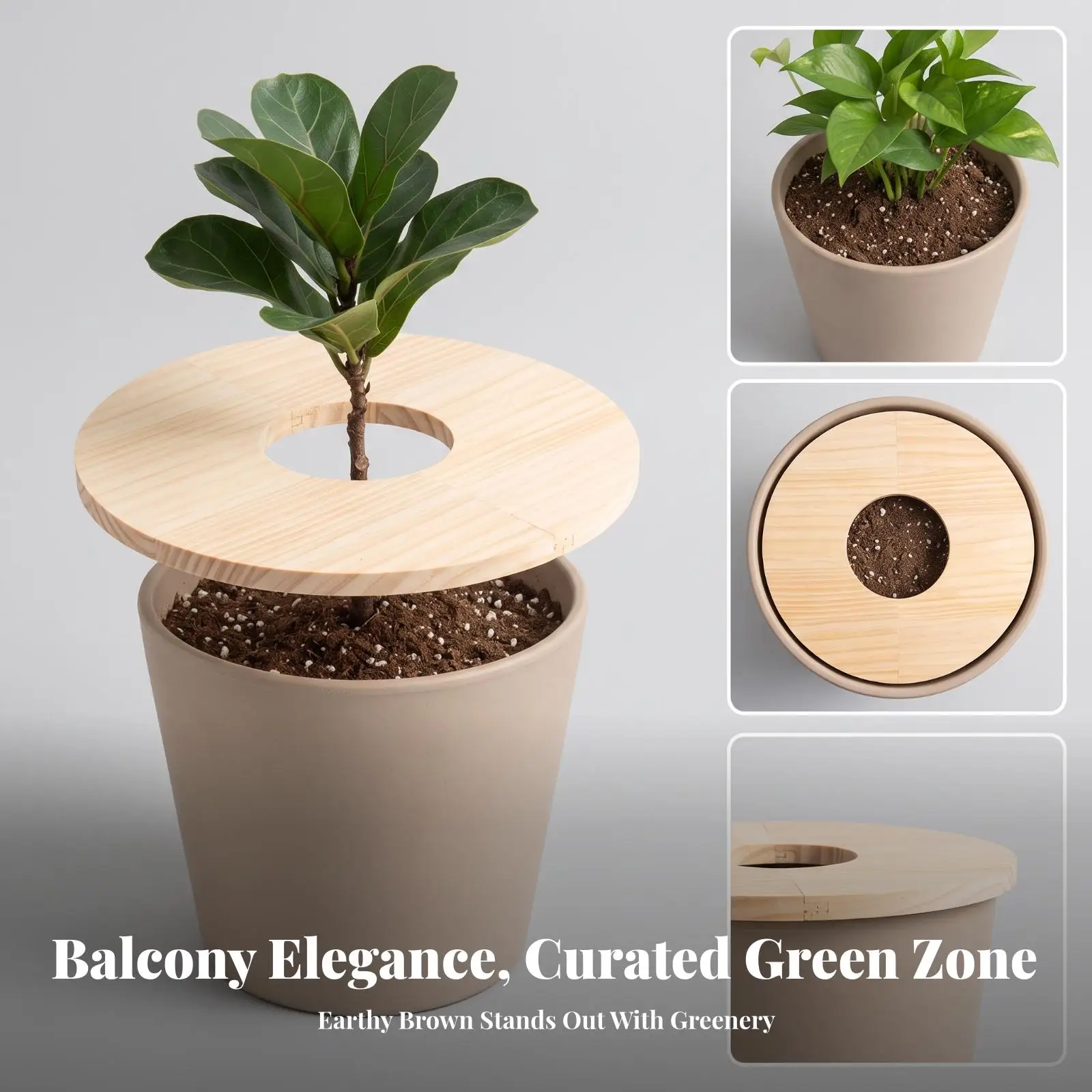 Wood Pot Cover with Center Opening Natural Plant Pot Decorative Cover Water-Resistant Low-Maintenance for Home Decor, Balcony