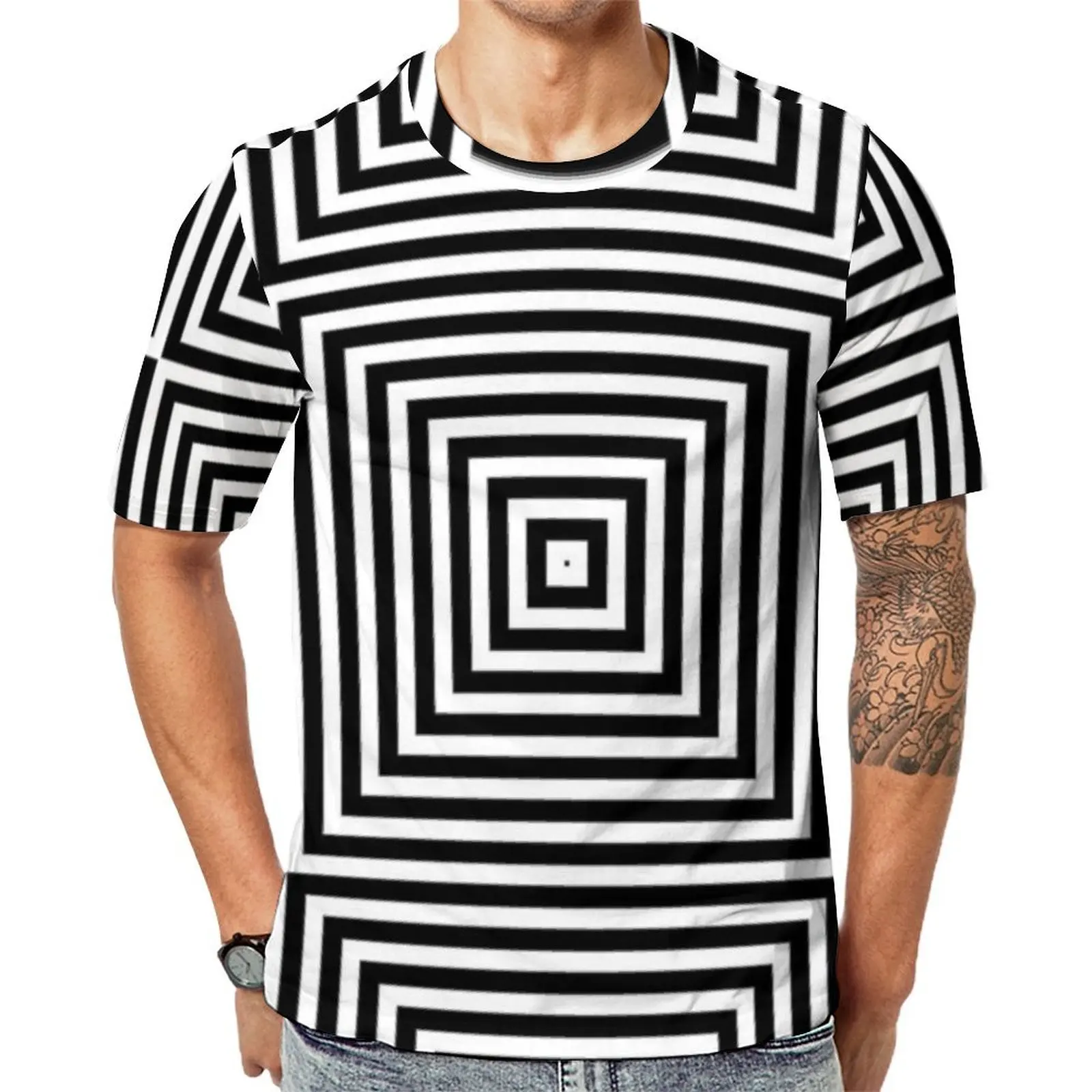 Psychedelic T-Shirt For Male Square Optical Illusion Custom O Neck T-Shirts Retro Clothes Short Sleeve Kawaii Oversized Tees