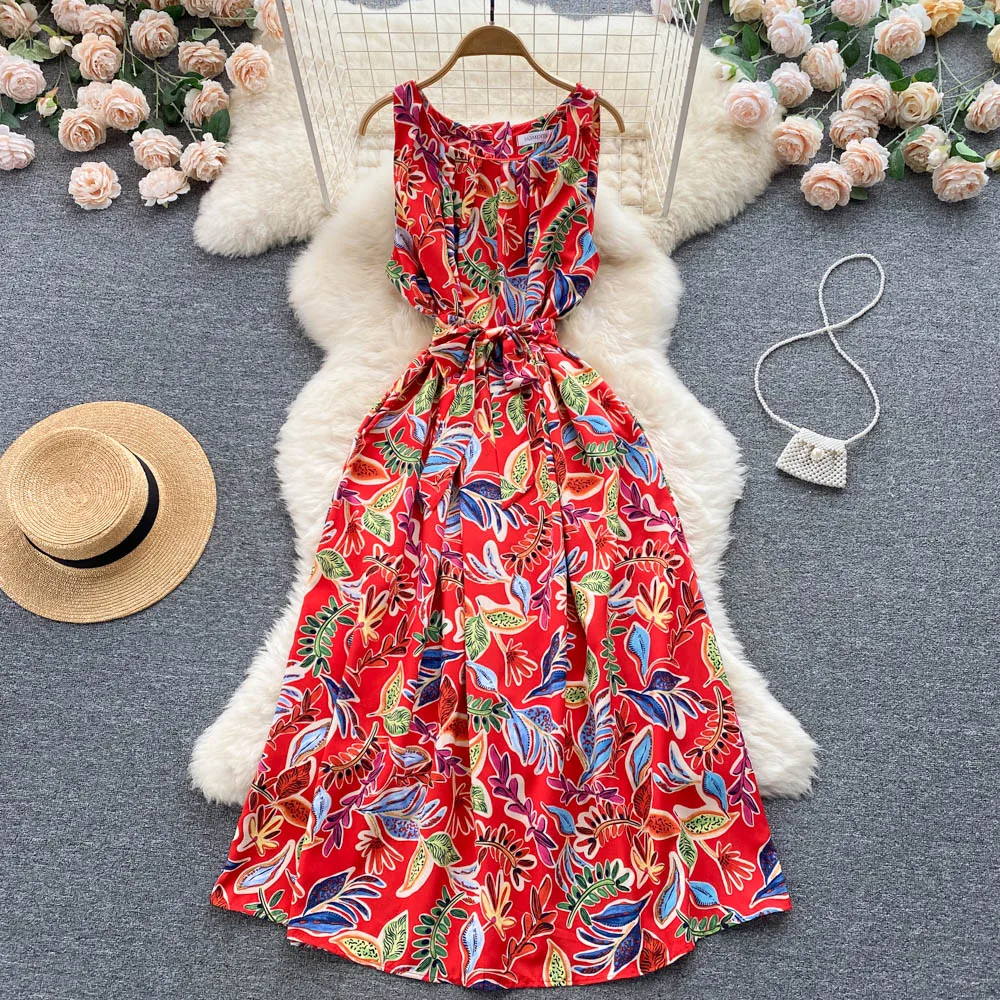 

Vintage French Floral Print Bandage Long Dress Summer Elegant High Waist Tank Sundress Women Retro Beach Tunic A-Line Vestidos