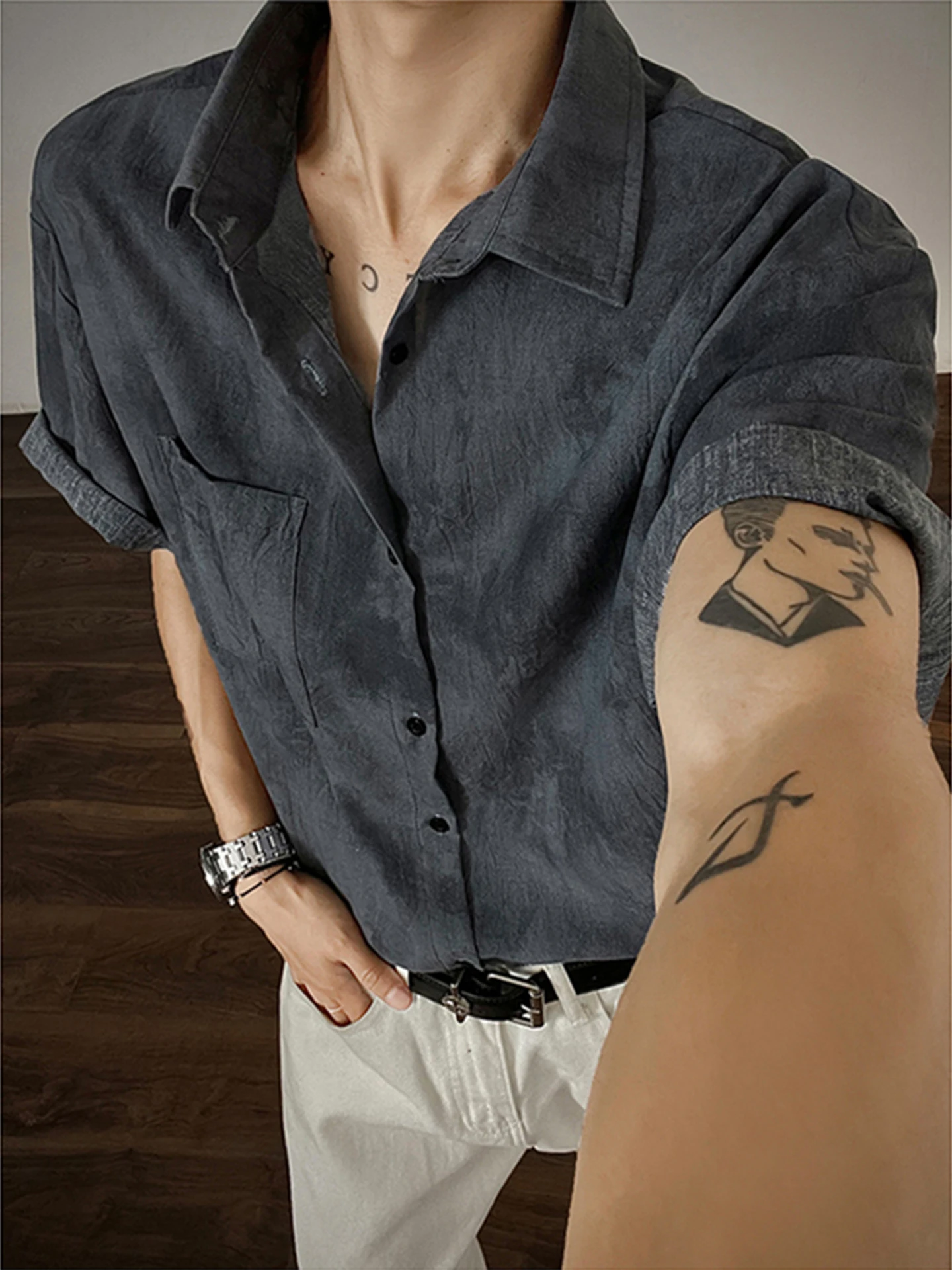 

e ey Ice Silk Tie Dye Men's Summer Thin f Sve irt Vintage American Sle Loose Fit ort Collar Outerwear