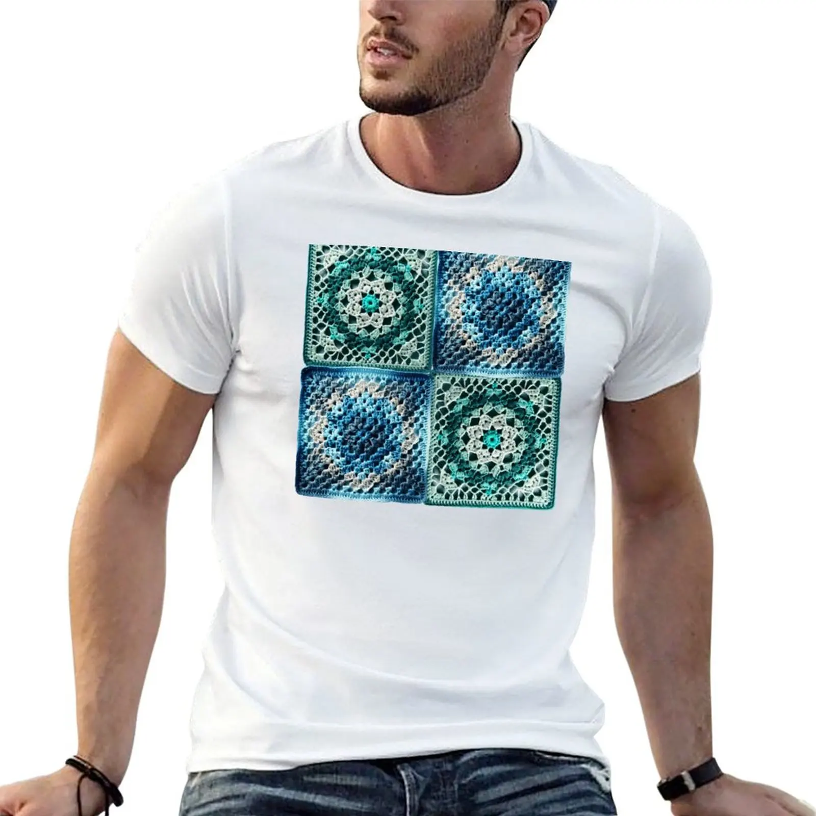 Camiseta con estampado estético de crochet vintage azul y verde, top de manga corta para deportes al aire libre