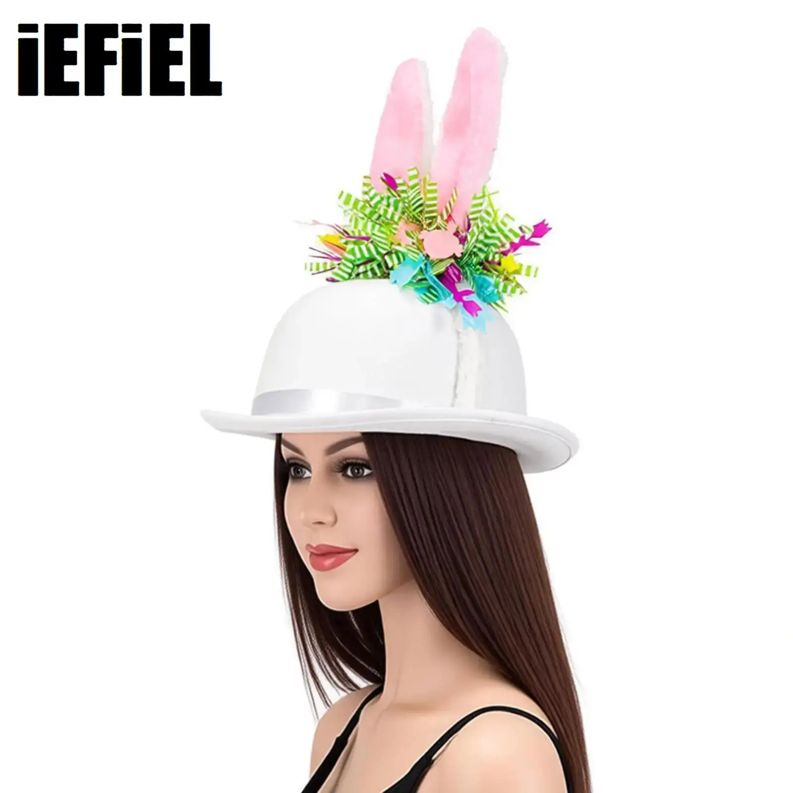 

Easter Rabbit Ears Hat Wool Flat Fedora Bunny Ear Top Hat Women Halloween Cosplay Costume Festival Party Artificial Flower Hat