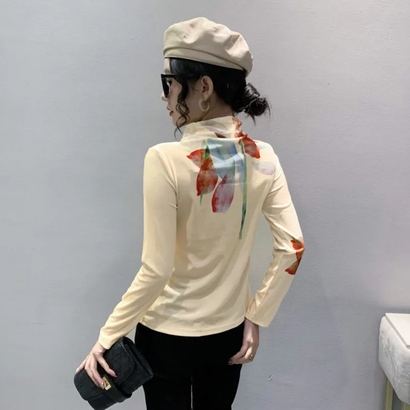 #8352 Khaki Pleuche T Shirt Women Long Sleeve Slim Printed Tee Shirt Femme Basic Tshirt Female Korean Fashion Women's T-shirt